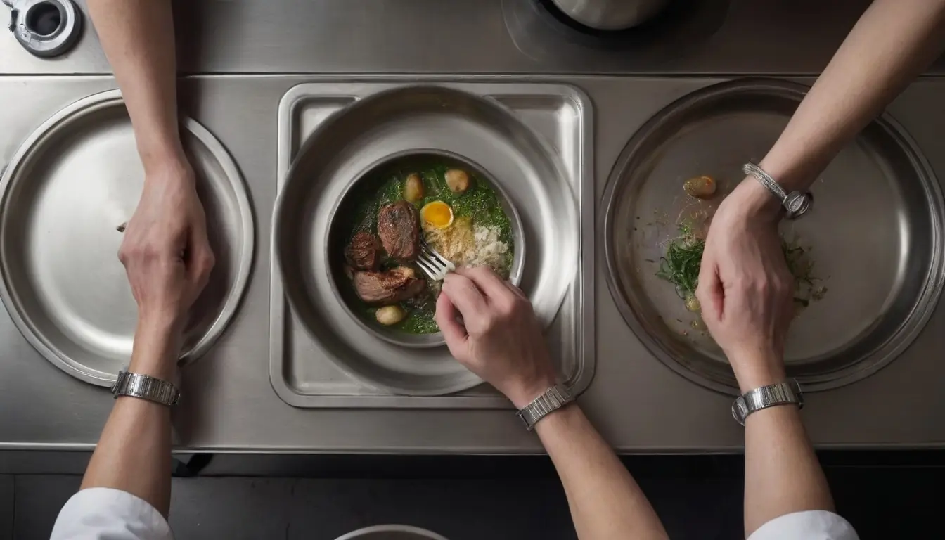 Hands plating a dish at a small restaurant kitchen pass