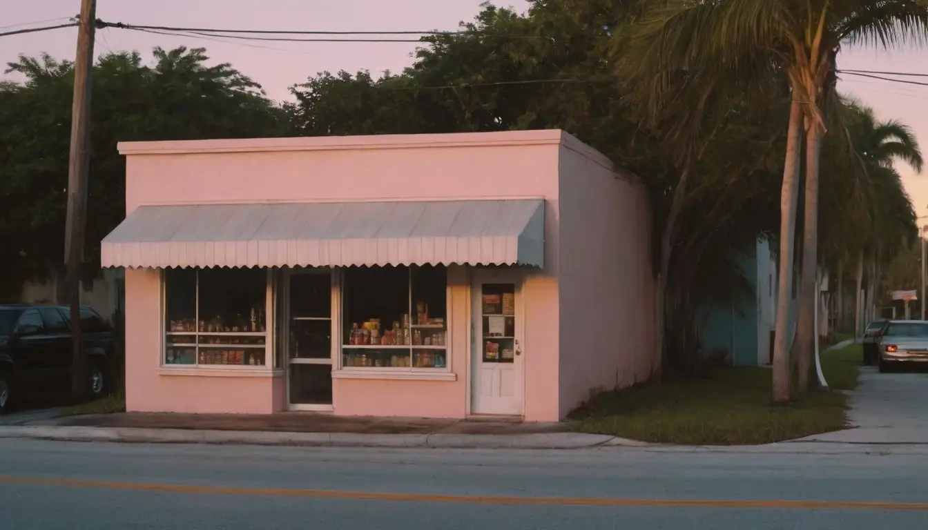 Small corner shop lit from inside at dusk